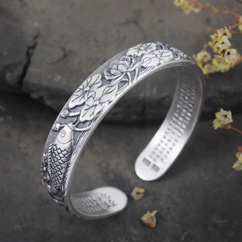 Elegant Heart Sutra Bracelet Retro Ethnic Style Solid Lotus and Double Fish Relief Open Bangle for Women