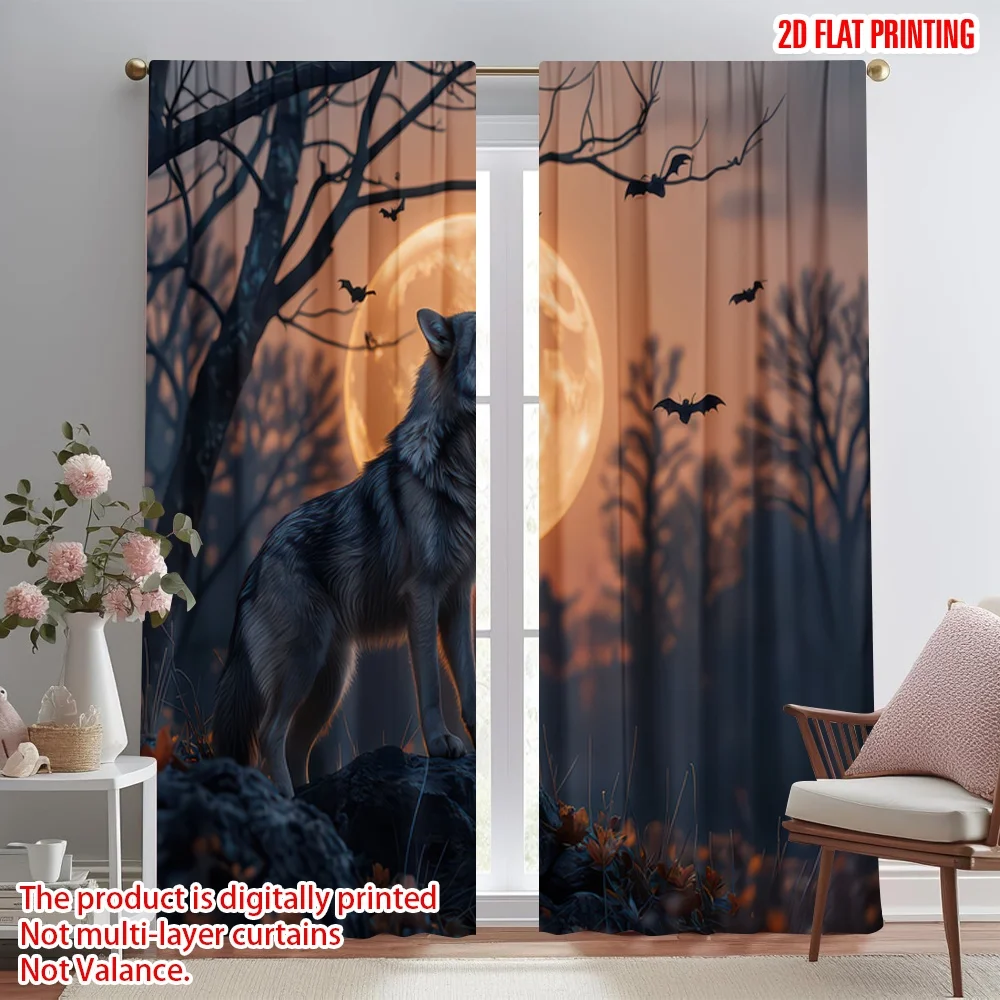 

2D flat printing 2pcs Curtain Halloween Night Howling Wolf Digital Printed Polyester Drapes Party Decorations Use for Holiday