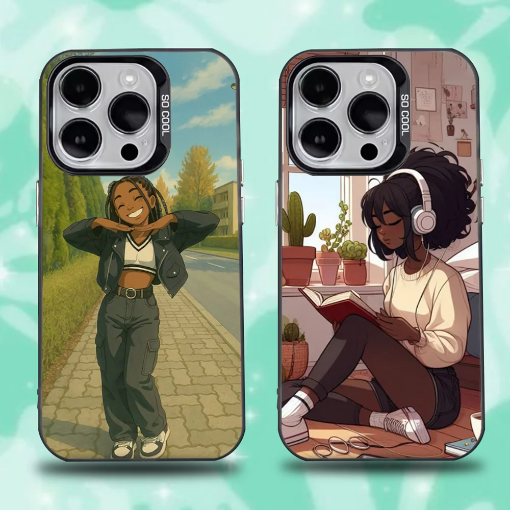 

Afro Black Girl Phone Case For iPhone 16,15,14,13,12,11,Pro,Max,Plus,Mini,XS,SE Anti Fall Black Matte Hard Bumper
