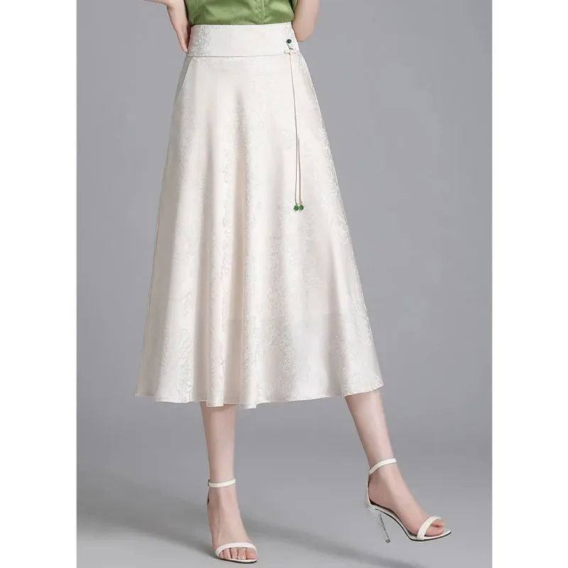 Women's Chinese Style Jacquard Satin A-line Midi Skirt High Waist Flared Casual Mid-length Skirt
