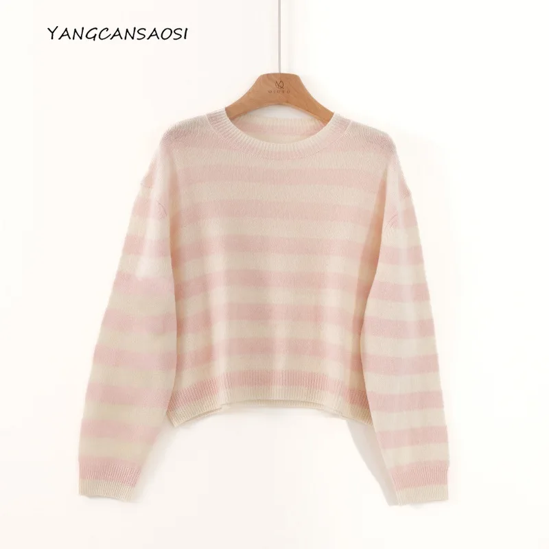 

Women's Autumn/Winter Pullover Sweater Classic Black and White Striped 100% Wool Round Neck Long Sleeved Loose Knit