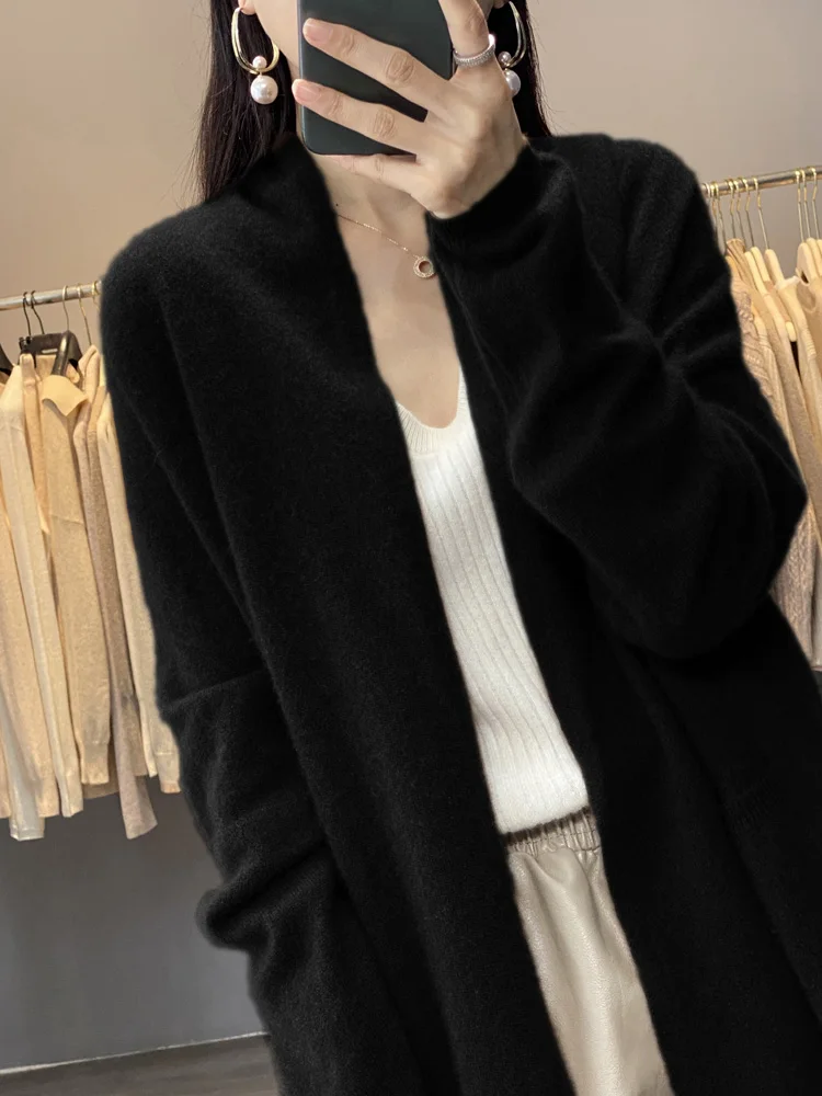 100% Merino Wool Spring Autumn Women\'s Cardigan Long Sleeve Sweater Solid Color Loose Warm Knitwear Fashion Female Long Coat