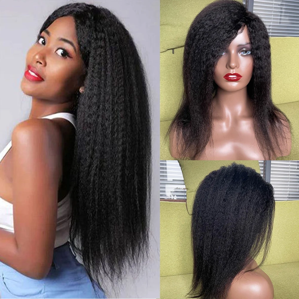 Kinky Straight Human Hair Wigs Yaki Straight Wig Full Machine Wig For Black Women Indian 180% Density Remy Hair Cheap Wigs