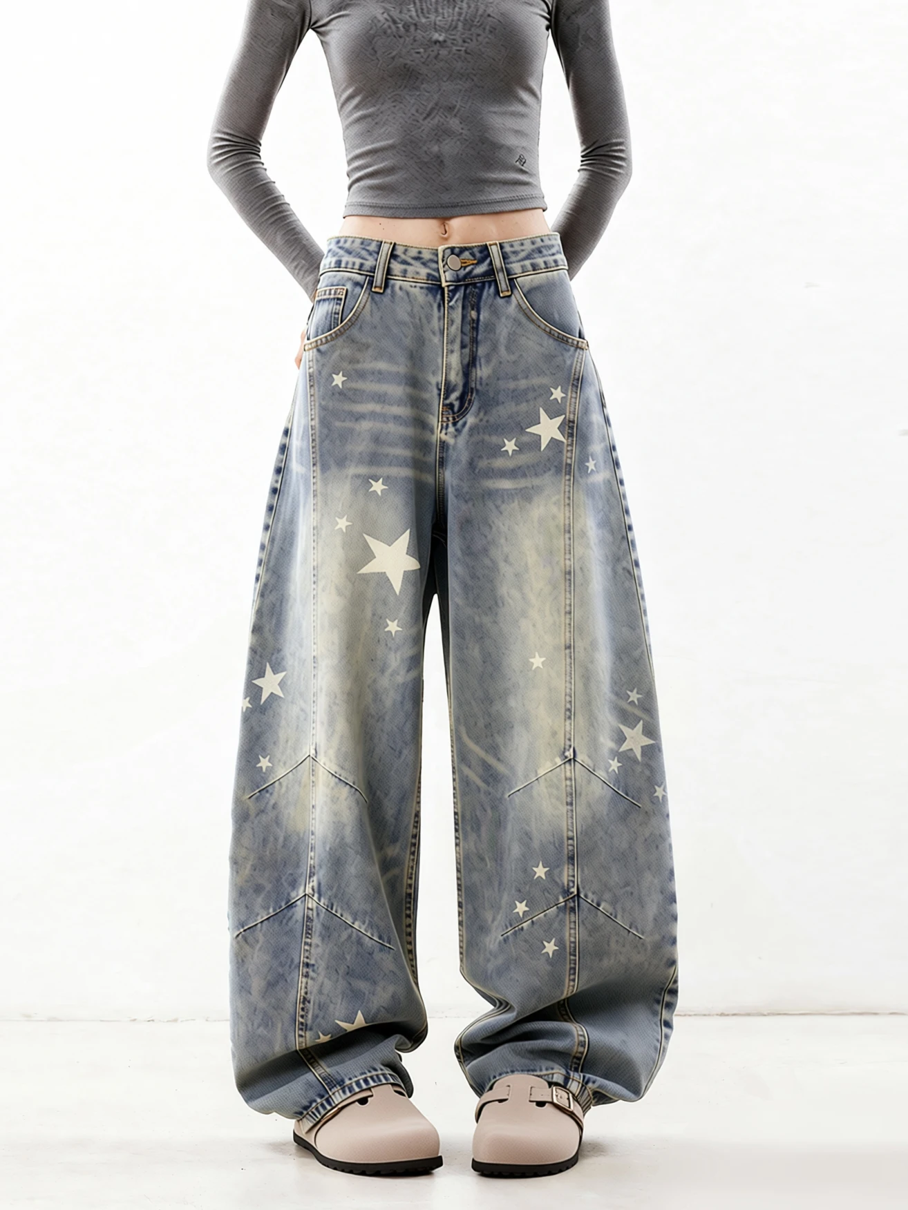 

Женские повседневные джинсы EDX с широкими штанинами и принтом, осенние винтажные свободные брюки-бананы, джинсы с 3D-кроем, синие, размер L