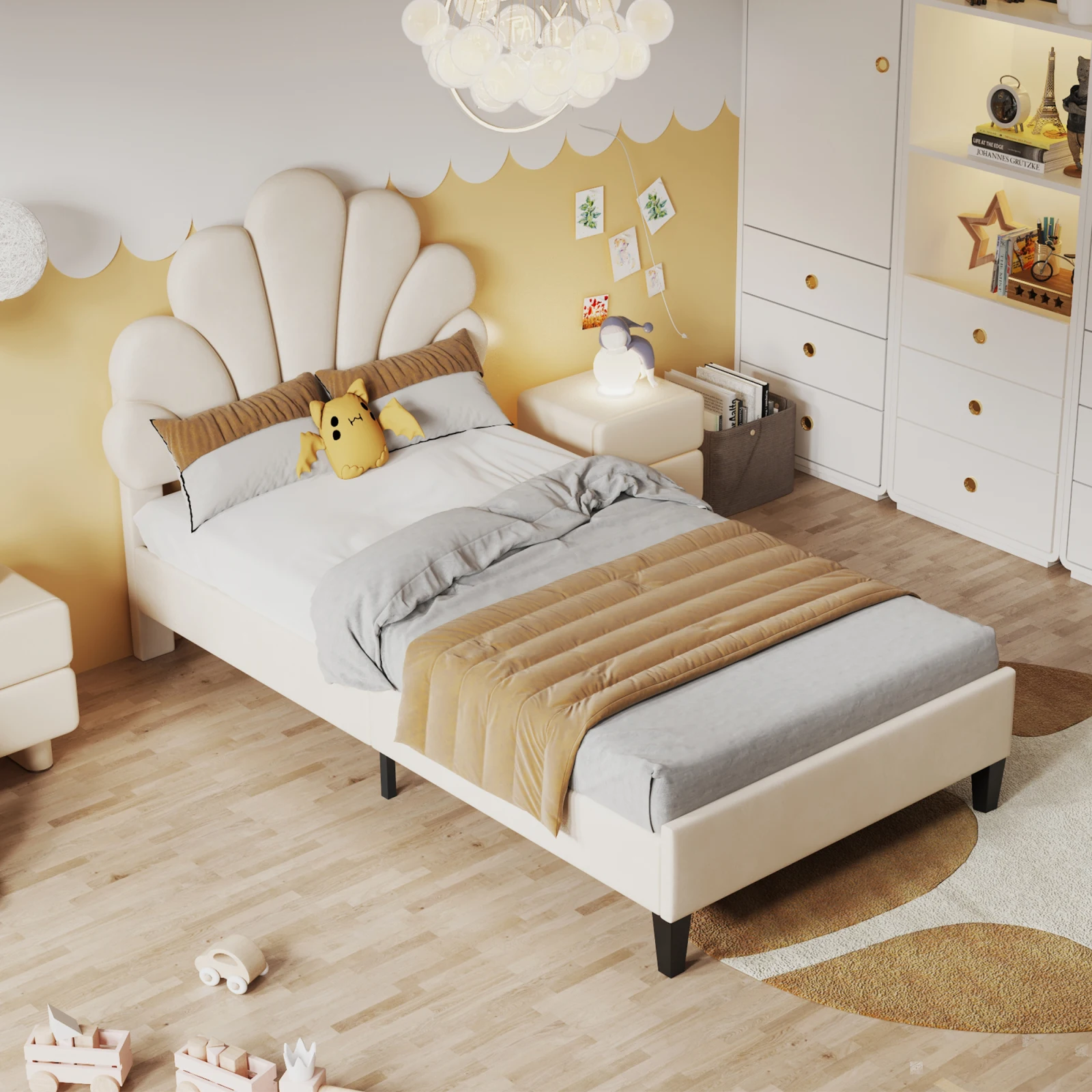 Fangange kinderbed 90x200 cm, eenpersoonsbed, 140x200 cm, meisjesbed met in hoogte verstelbaar bloemblaadjes-hoofdeinde, gestoffeerd, zonder matras