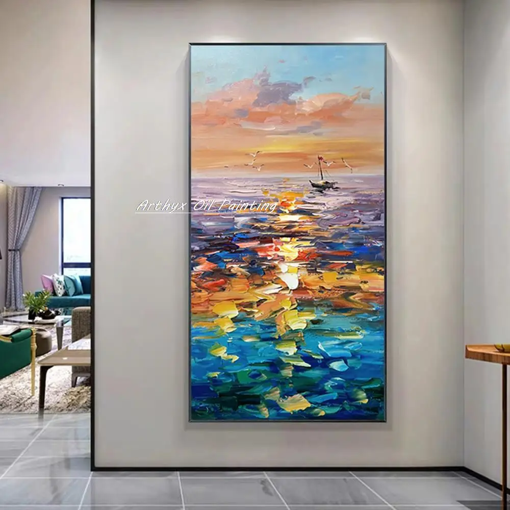 

Arthyx Hand-Painted Palette Knife Abstract Boat Landscape Oil Painting On Canvas,Wall Art,Picture For Entry & Mudroom,Home Decor