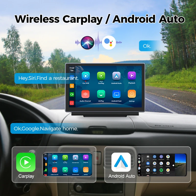 Maustor Factory in stock Universal 7 Inch IPS screen Wireless Carplay Android Portable Car DVD Player With 4K Dashcam BT AUX