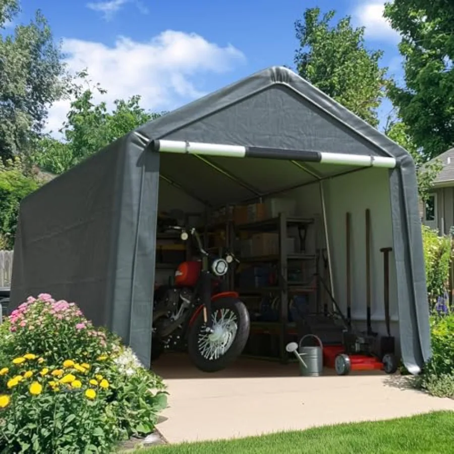 Heavy Duty 8x14FT Carport Storage Shelter with Roll-Up Door Vents for outdoor use, polyethylene fabric, gray, UV-resistant and
