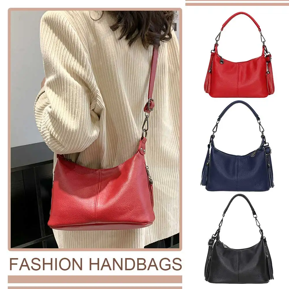 حقيبة كتف نسائية عصرية بحزام قابل للتعديل من جلد البقر حقيبة كاجوال مع شرابات حقيبة هوبو بسيطة لقضاء عطلة الحفلات #1