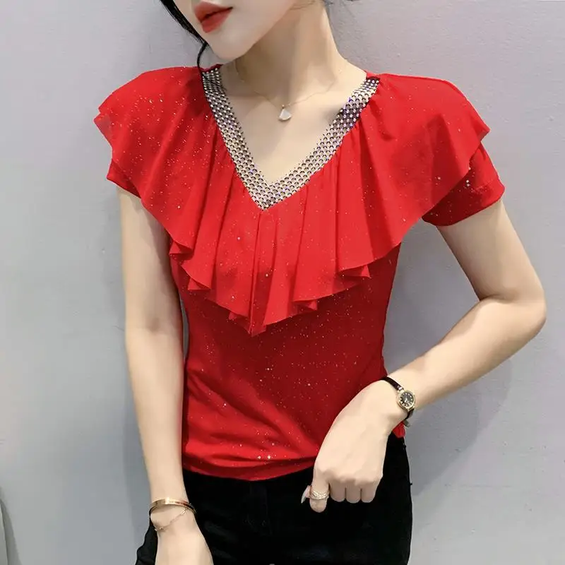 Summer Women Sexy See Through Mesh V Neck Ruffle Sequins T Shirt Elegant Fashion Slim Tees Ladies Solid Short Sleeve