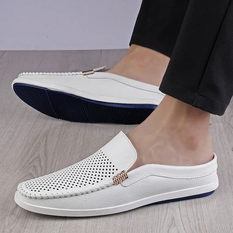 Fashion Men Mules Genuine Leather Summer Slippers Slip On Lazy Shoes Breathable Mens Loafers Indoor Slides Adult Leisure Shoes