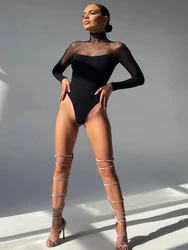 Bodysuit Women Sexy Transparent Turtleneck Festivals Outfits Mesh Top Long Sleeve Tees Sexy Woman Costume See Through Leotard