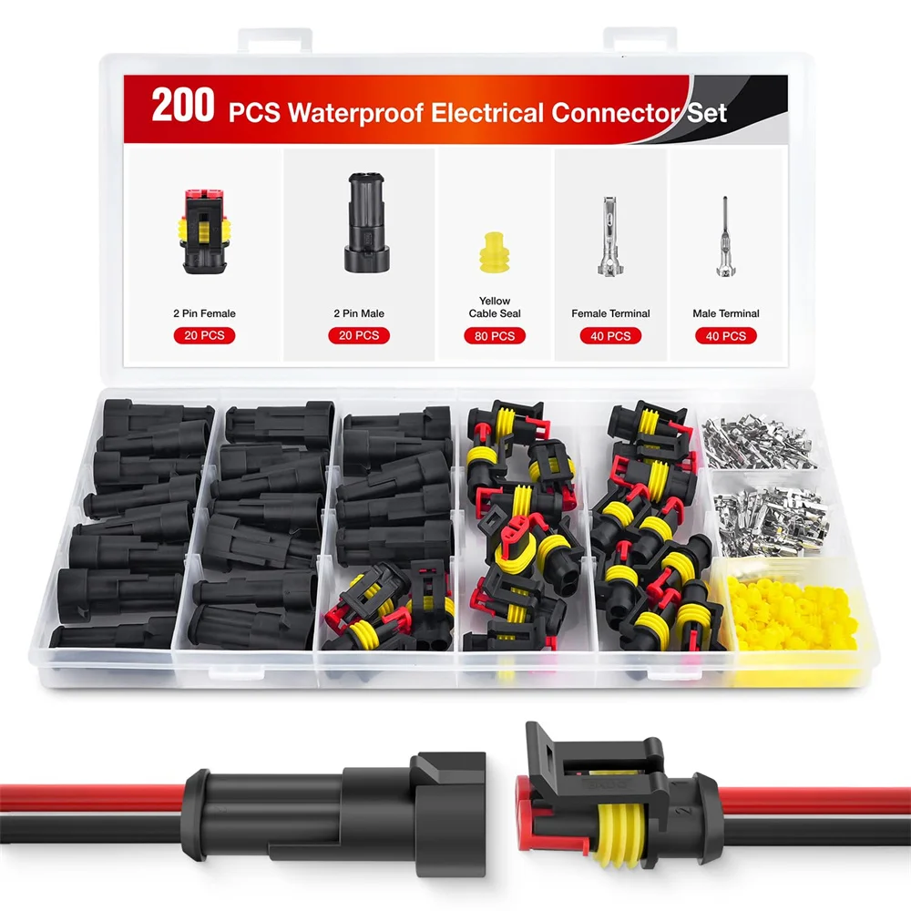 200PCS 2 Pin Electrical Connector ‎Plug Male Female Terminal Wire Waterproof Connectors 2 Way Automotive Connect Set for Car Boa