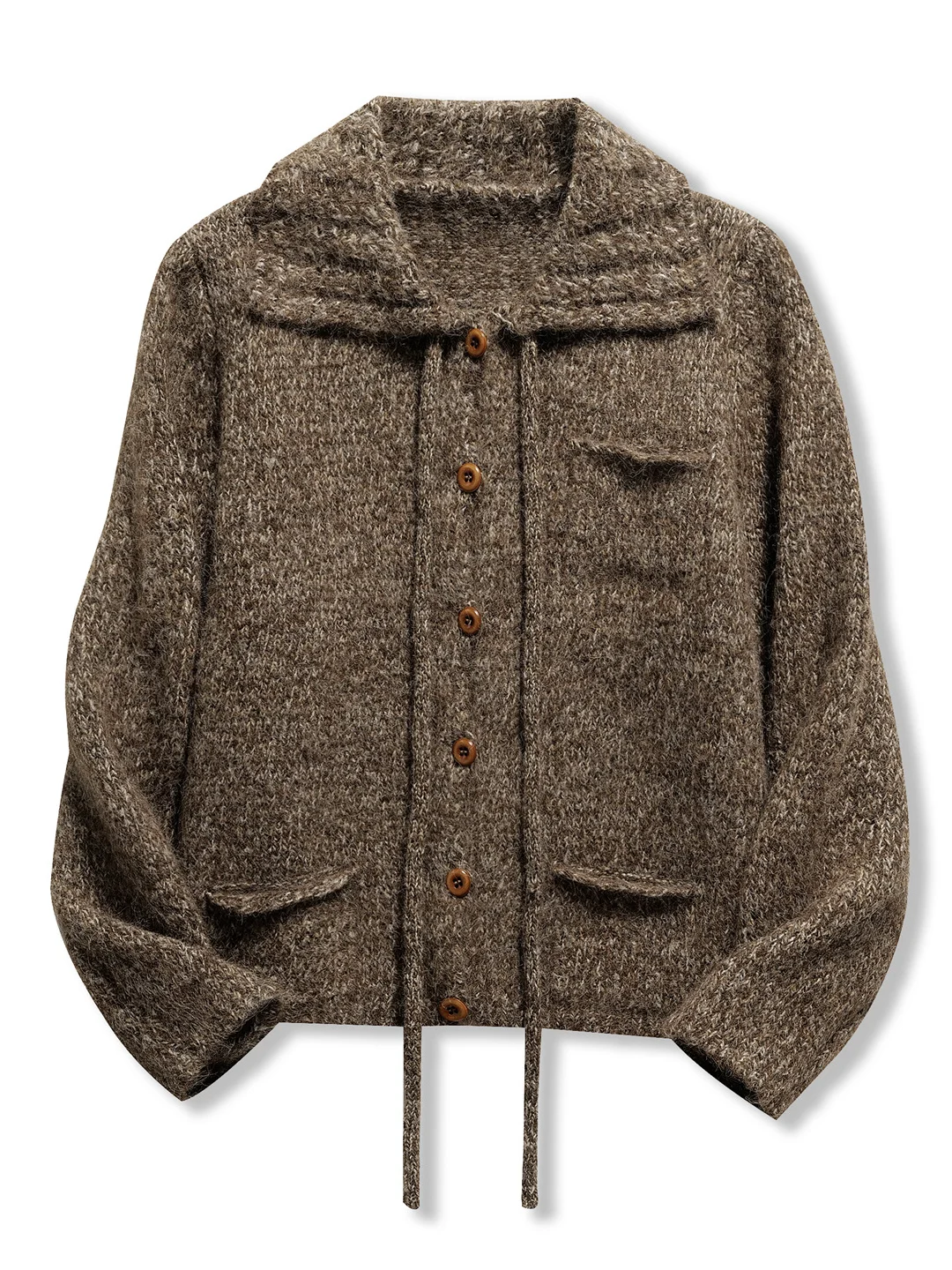 Мягкий вязаный свитер с кетами. Винтажный вязаный простой воротник с поясом. Открытый кардиган на одной пуговице. Свободный крой. Длинный топ све.