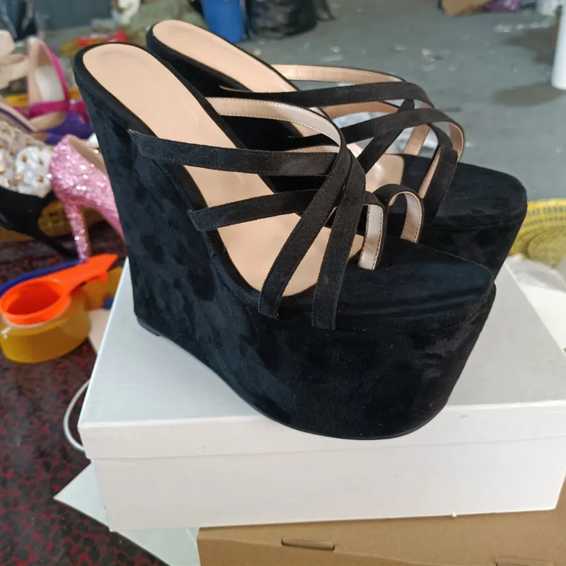 SHOFOO shoes Fashion women's high heeled slippers About 15 cm heel height Suede surface Wedges heeled outdoor slippers Summer