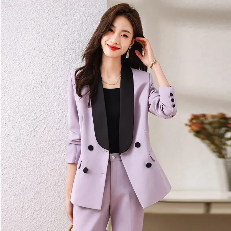 Lila Frauen Anzug Blazer weibliche Frühling Büro Dame Business Arbeit tragen Jacke formale lässige Baumwolle elegante Mantel Hosen Ballkleid