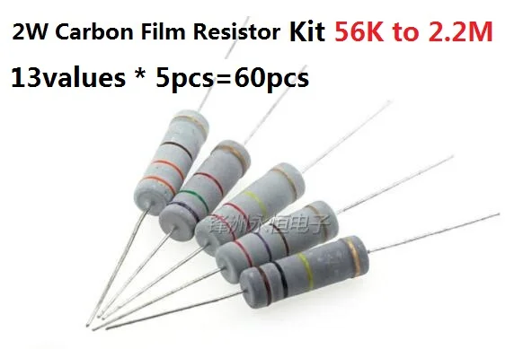 13values * 5pcs=60pcs 56K-2.2M 2W 5% Carbon Film Resistor Kit Pack Assorted Set 82K 100K 150K 220K 270K 330K 470K OHM Assortment