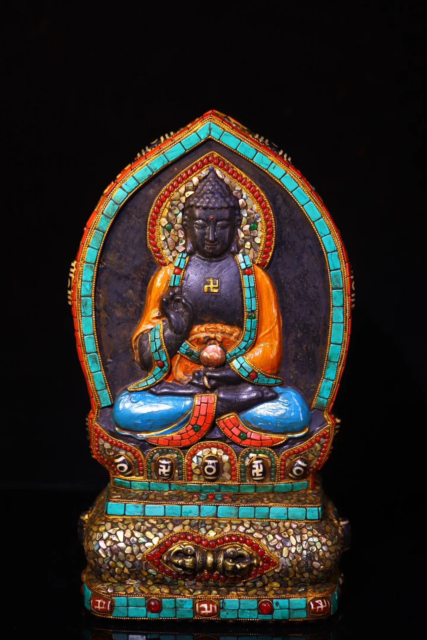 Old Meteorite Painted Mosaic Gem gZi Beads Turquoise Shakyamuni Buddha Sitting  on the Buddha's Platform Buddhist Niche