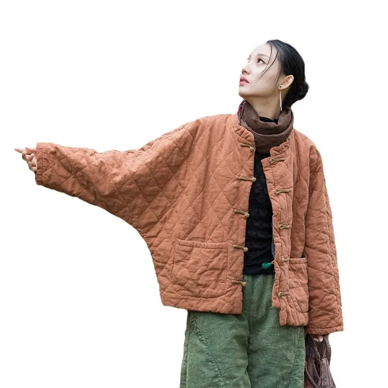 سترات شتوية كلاسيكية للسيدات بأكمام طويلة معاطف فضفاضة بأزرار بلون سادة وجيوب مبطنة على الطراز الصيني ملابس نسائية