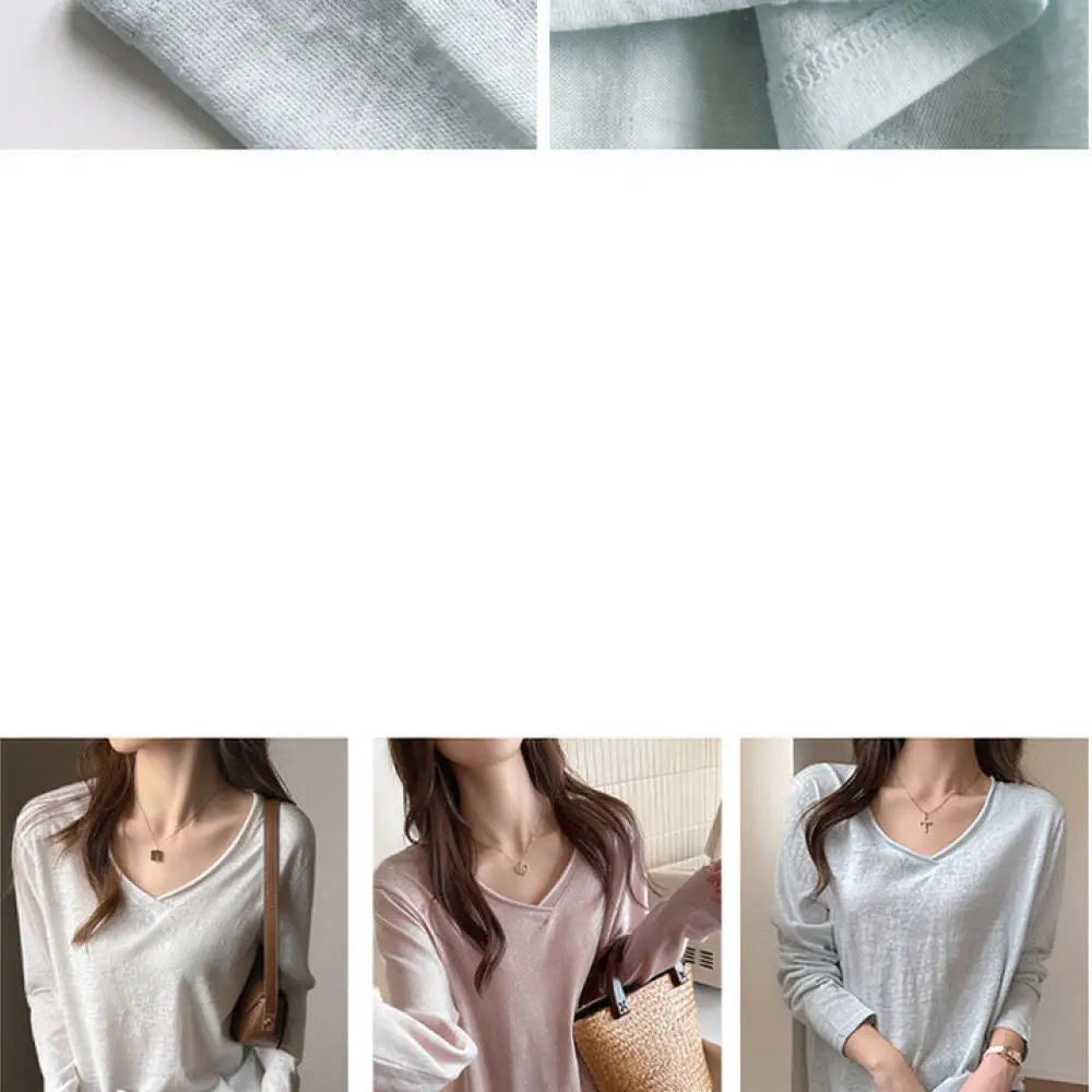 Oversized V Neck Long Sleeve Tee Women Loose Casual Basic Pullover Soft Cotton Blend Top Daily Wear Korean Style Shirt