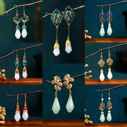Ethnic Chinese Jade Earrings for Women Traditional Flower Shaped Pendant Oriental Classical Painted Enamel Luxury Jewelry Gifts