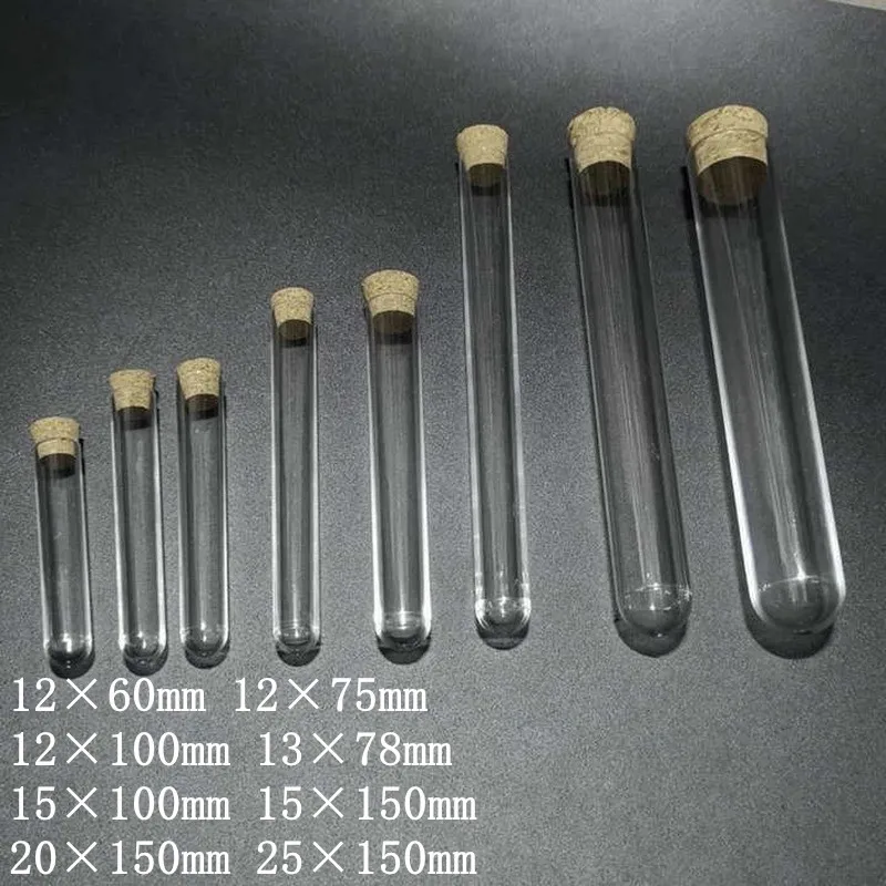 

50pcs/lot Hard Plastic test tubes with cork stopper for Experiments Dia 12mm to 25mm , Length from 60mm to 150mm