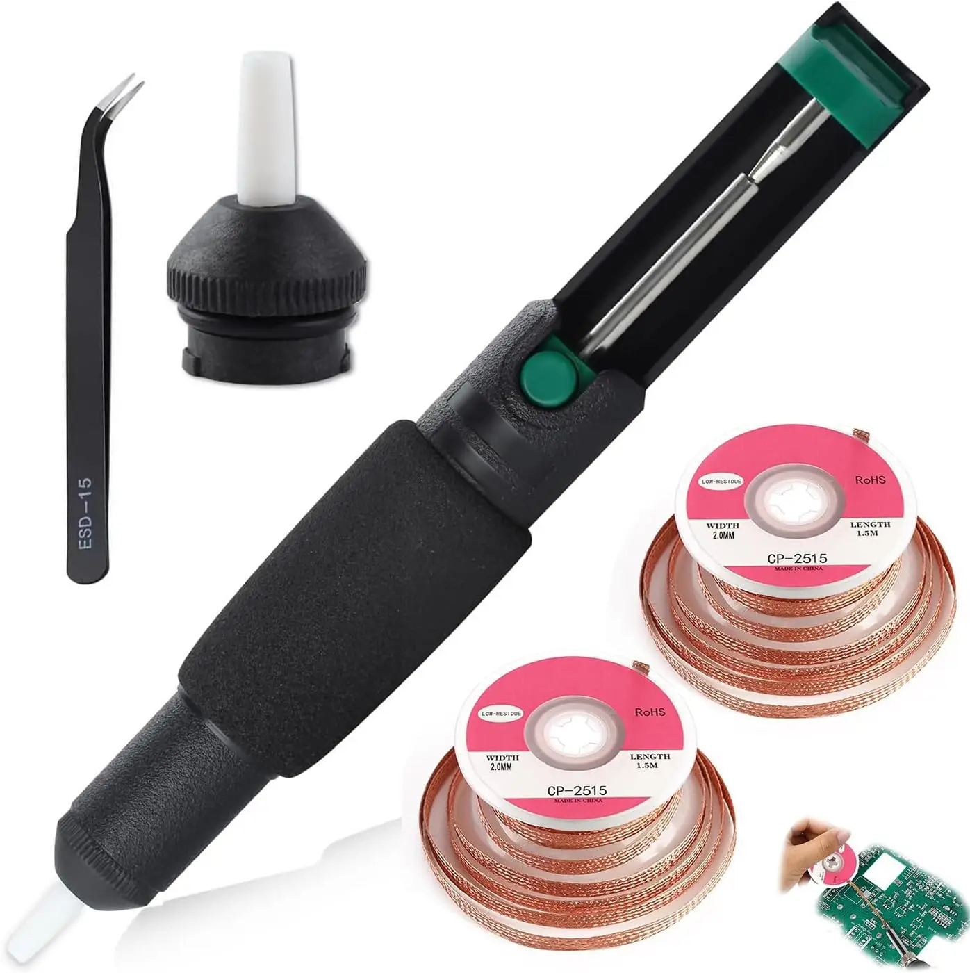 Solder Sucker Desoldering Wick Kit, Including 1 Pc Desoldering Sucker,2 Pcs Solder Braid Wick (2.0mm Width,1.5m Length) And 1 Pc