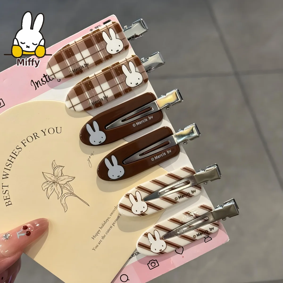Pinza para el pelo de conejo Miffy Kawaii, Clip sin rastro de conejo Miffy a cuadros de color café, Clip de flequillo de dibujos animados para chica dulce y Retro