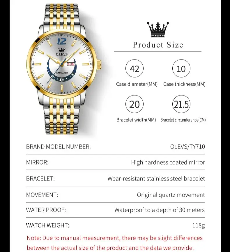 OLEVS TY710 Calendar Quartz Watch For Men Number Scale 42mm Big Dial Stainless Steel Wristwatch Waterproof Luxury Dress Watches