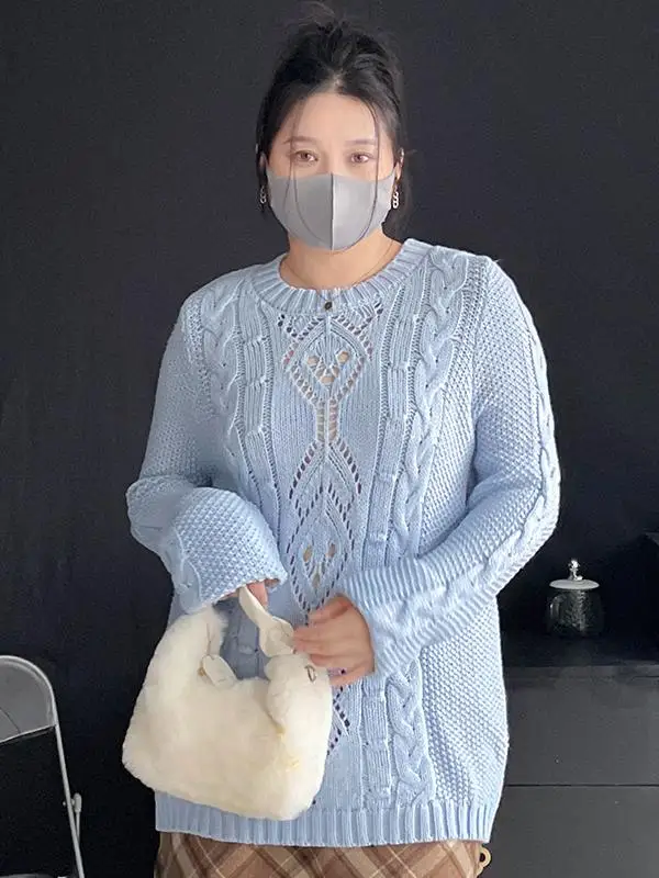 

Женский свитер больших размеров свободного кроя, удобный, вязаный, до плеч, осенне-зимний, теплый, с круглым вырезом, для сохранения тепла