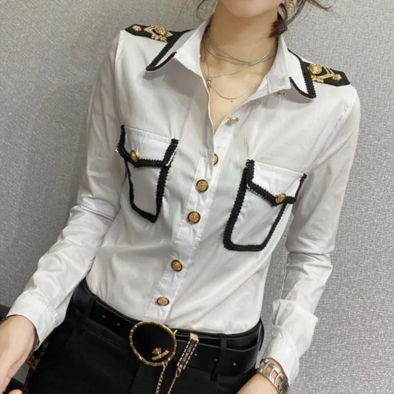 Streetwear Fashion Epaulet Shirt Spring Autumn Chic Single-breasted Women\'s Clothing Solid Color Bright Line Decoration Blouse