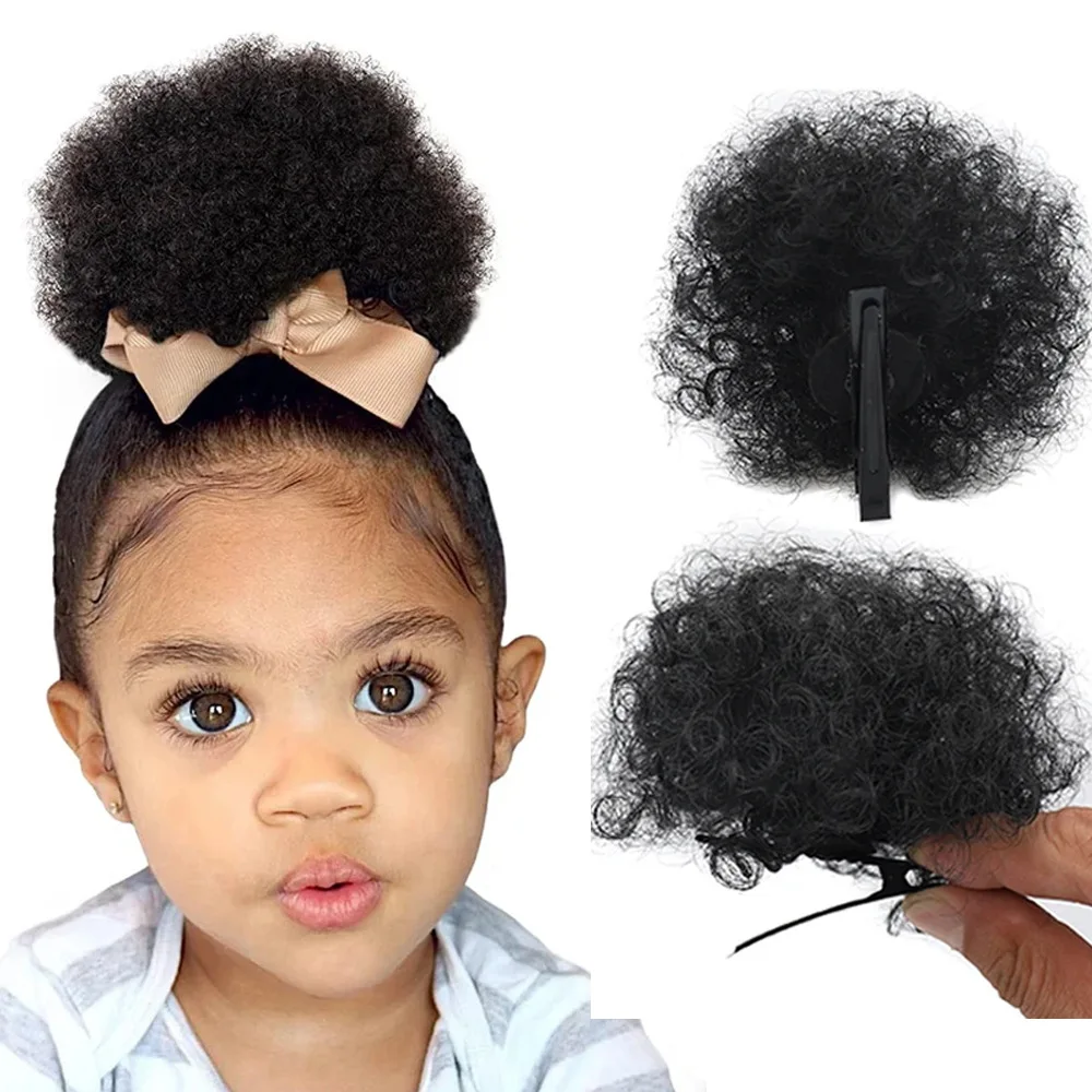 2Pcs Toddler Girls Synthetic Afro Puff Hair Buns  Kinky Curly Hair Updo Donut Chignon for Girls Kids Children Babies Black Wig