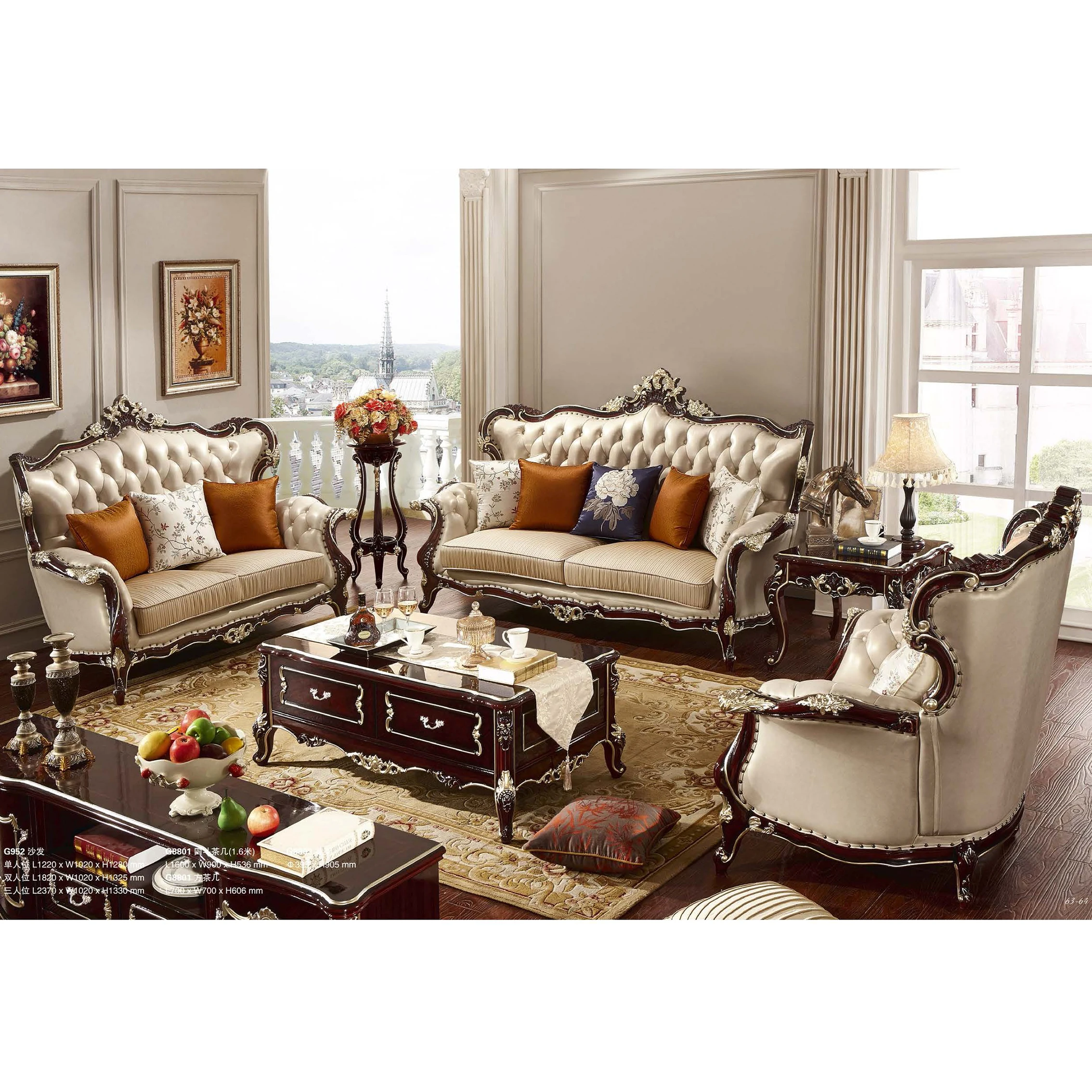 

*# European Wooden Living Room Couch Furniture Luxury Royal Exclusive Carved Wood Leather Fabric Upholstered Sectional Sofa