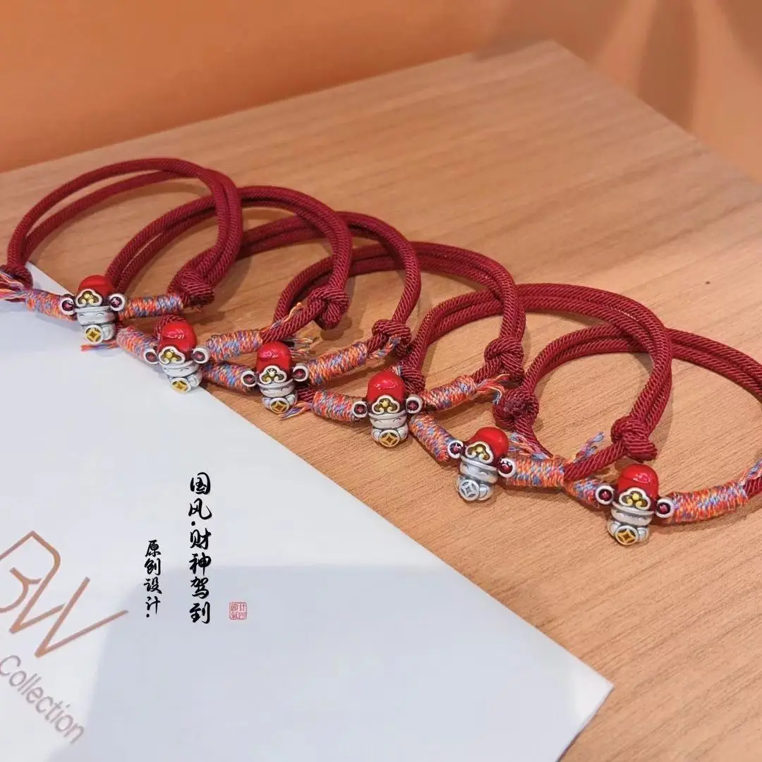 UMQ Foot Silver 999 Chinese Style Mammon Cotton Rope Bracelet Retro National Tide National Enamel Woven Hand Rope Birthday Gifts