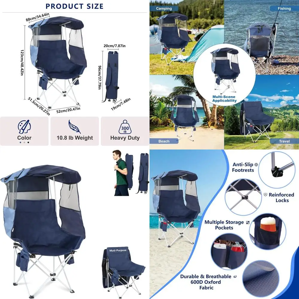 

Portable Beach Chairs with Canopy for Adults - Heavy Duty Outdoor Folding Camping Chairs with Shade for Fishing and Camping, Nav