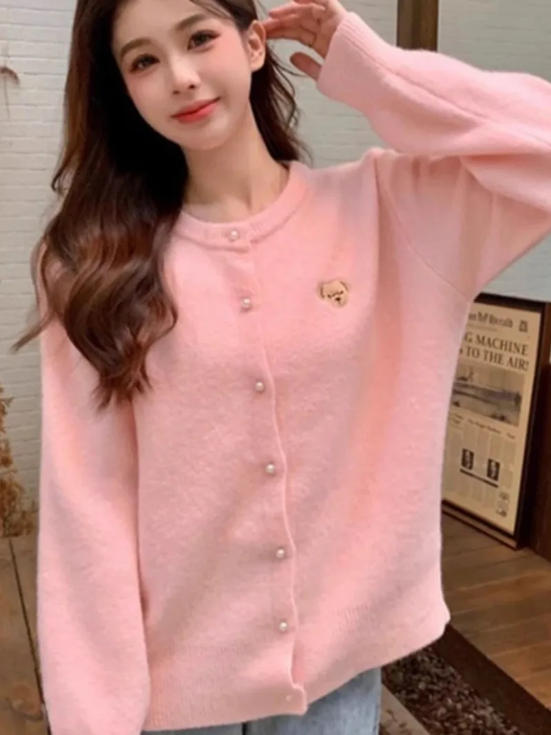 Sweet Pink Sweater Female Bear Embroidery O-Neck Lazy Milk Glutinous Korean College Solid Autumn Long Sleeve Knit Loose Coat Top