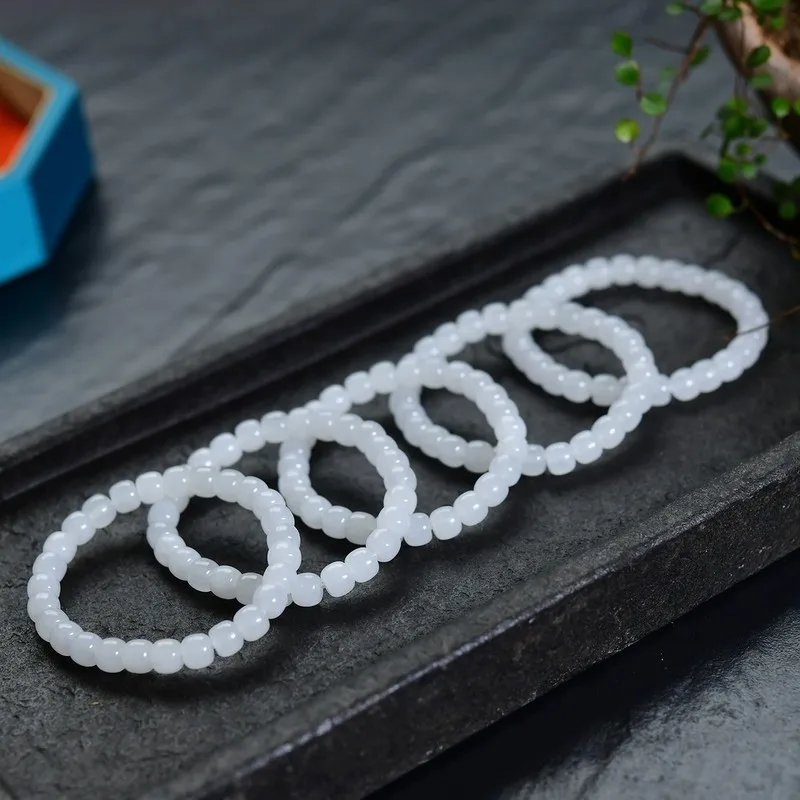 Hetian White 8Mm , Traditional Style Beads, Single-Strand Jade String, Unisex Plain Bracelet