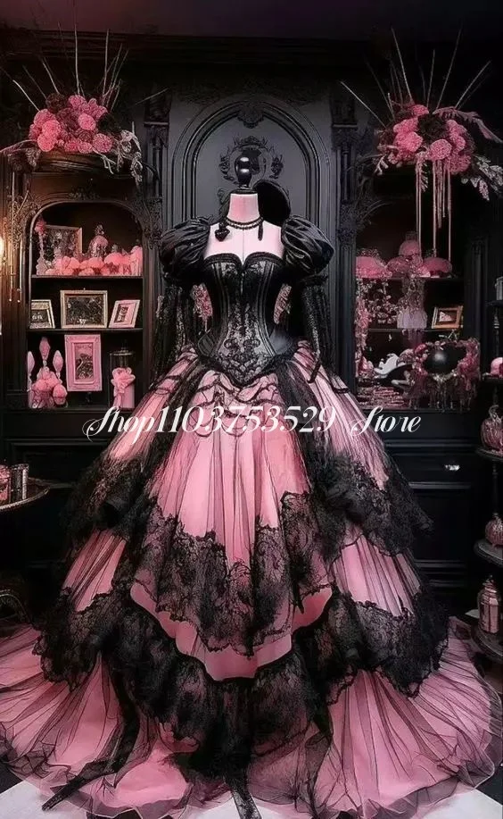 Gothic Fantasy Victorian Prom Dress Masquerade Black Pink Corset Lacing Lace Ruffle Applique Custom vestidos formales mujer