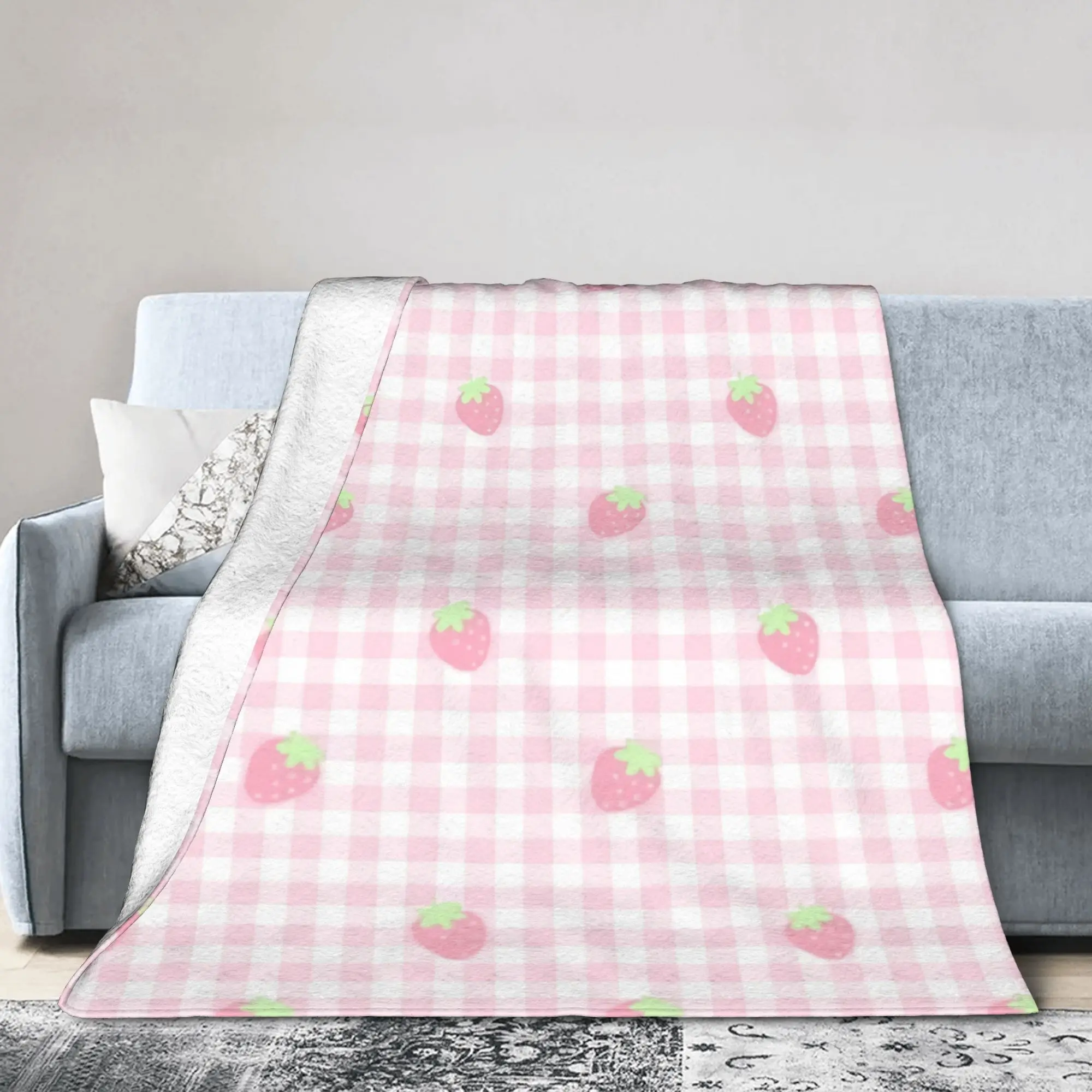 Strawberry Gingham Kawaii Pastel Picnic Blanket  Flannel Funny Warm Throw Blanket for Chair Covering Sofa All Season