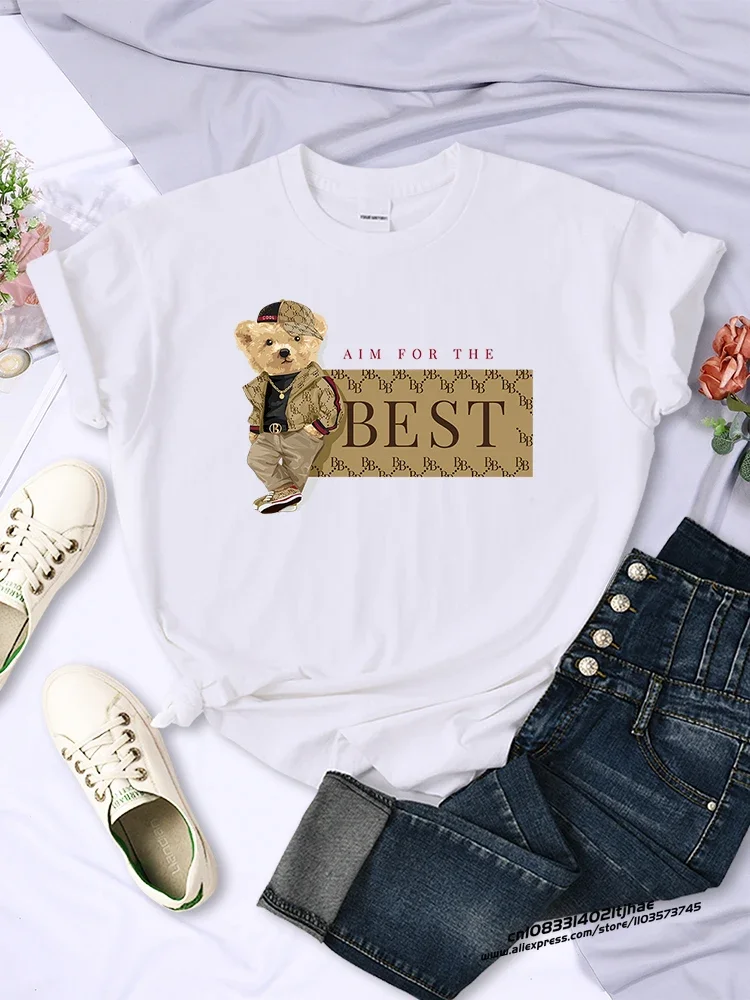 

My Attitude Aim For The Best Forever Teddy Bear Tshirts For Womens Summer Breathable Short Sleeve Street Casual Woman Clothing