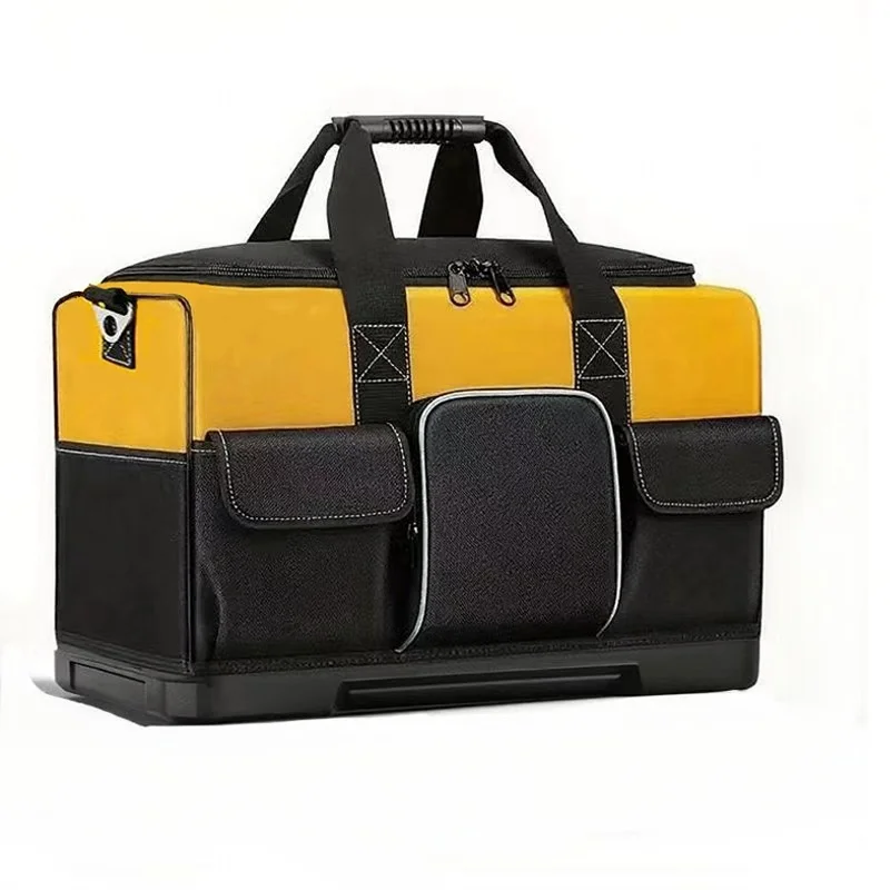 Robuste Werkzeugtasche mit breiter Öffnung, geformtem Boden, verstellbarem Schultergurt, strapazierfähiger Polyesterkonstruktion, gelb-schwarz – Detail 8