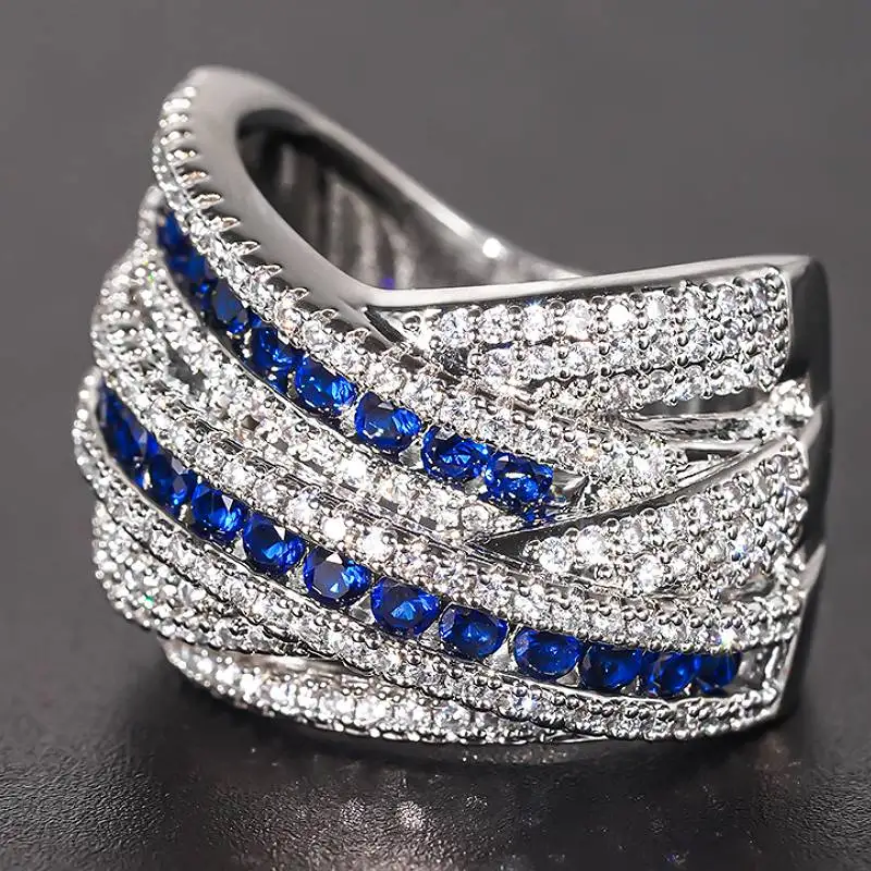 Huitan Zarter Damenring mit Kreuz-Design, eingelegter leuchtend blauer/weißer CZ, Hochzeit, trendige Accessoires, Party, bezaubernder Damenschmuck