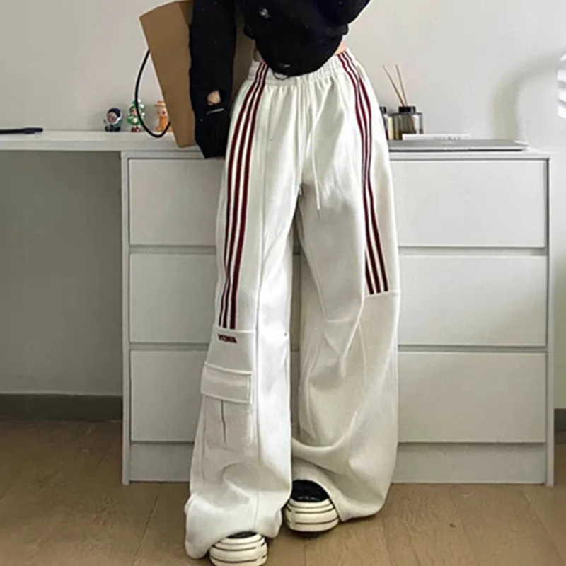 American Retro Lazy Style Wide Leg Pants Women Solid Stripes Elastic High Waist Drawstring Loose Casual Straight Sports Trousers