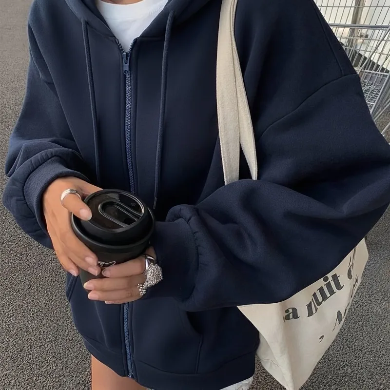 New Women's Casual Loose Pocket Drawstring Zipper Hooded Sports Sweatshirt for Autumn and Winter with Added Fleece Hoodie