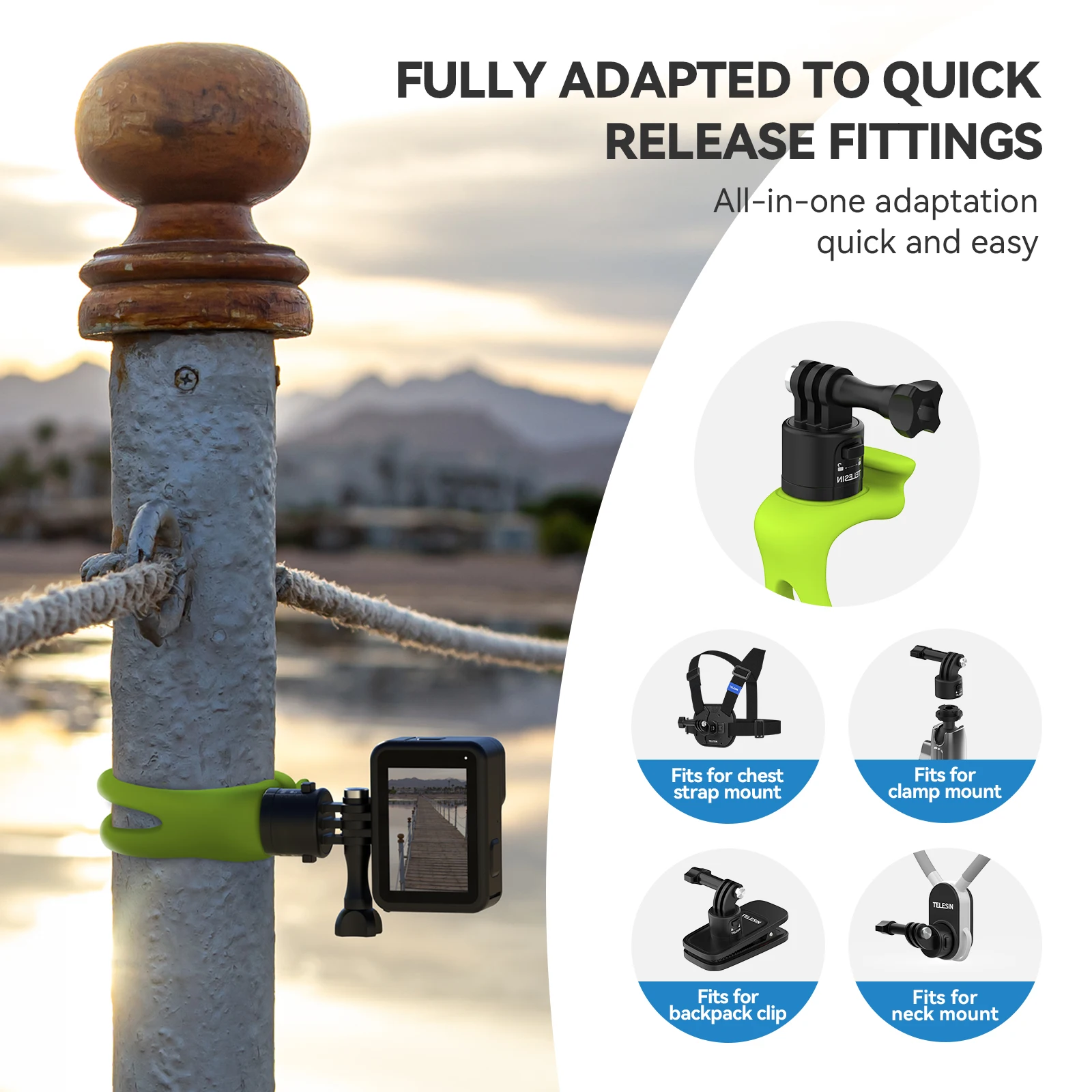 Telesin suporte macio ajustável de silicone, montagem de liberação rápida para câmera gopro 13 12 11 10 9 dji action 5pro 4 insta360 x5 acepro