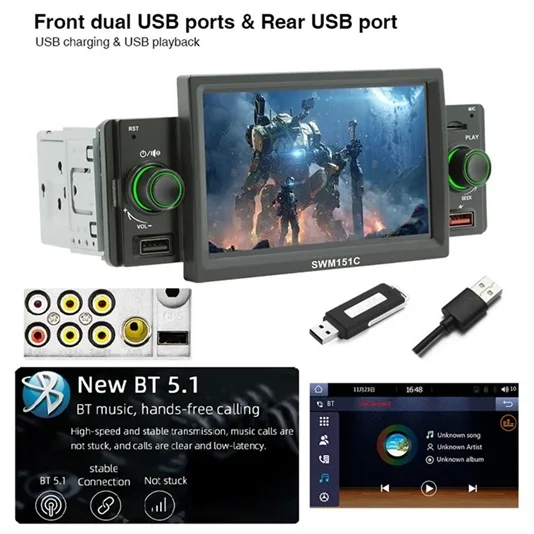 HENMALL MP5 Player 151C 5 Inch 1 DIN Bluetooth Hands-Free Mirror Link USB FM dual USB ports