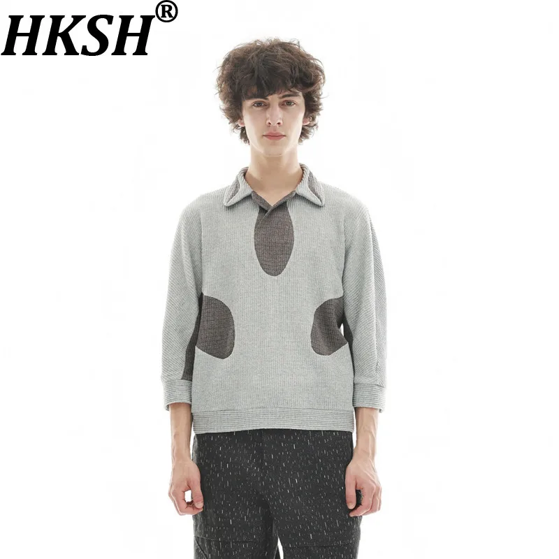 HKSH Summer New Men Tide Chic Ins Deconstructed Patchwork Color-Blocked T-shirt Lapel Raglan Sleeve Cut Knitted Tees Y2K HK27853