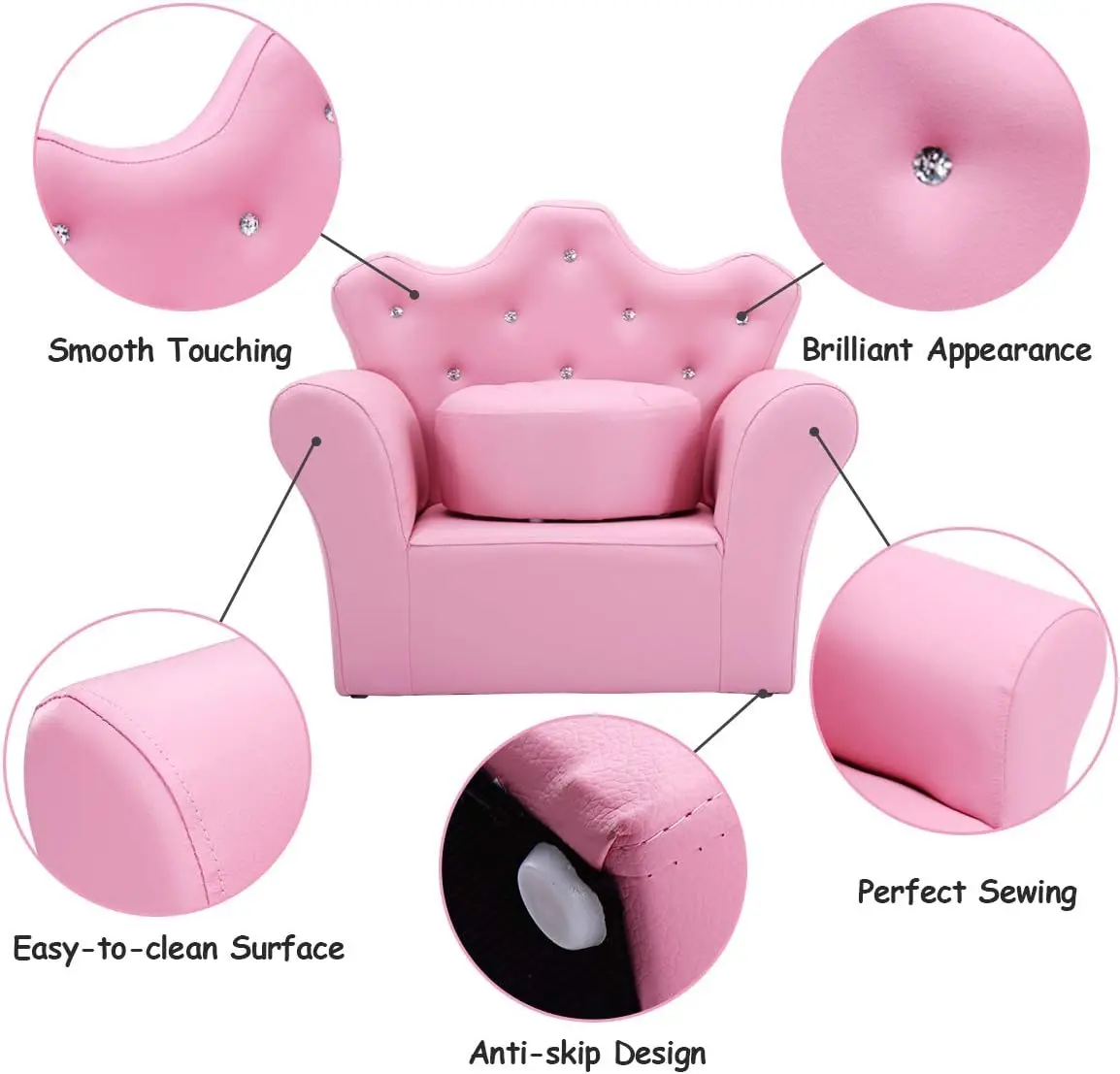 Kids Sofa, Children Upholstered Sofa with Ottoman, Princess Sofa with Diamond Decoration, Smooth PVC Leather Toddler Chair, Kids