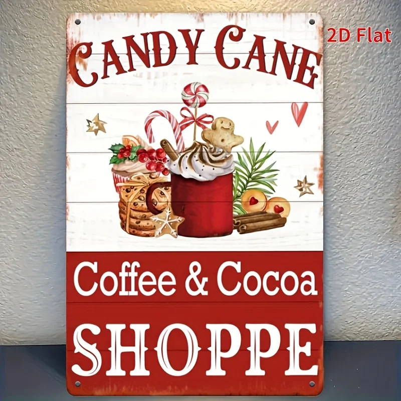 2D Flat, 2D Flat, 2D Flat Printing, Vintage Christmas Metal Sign Featuring a Candy Cane Coffee And Cocoa Shop Logo, Fun Christma
