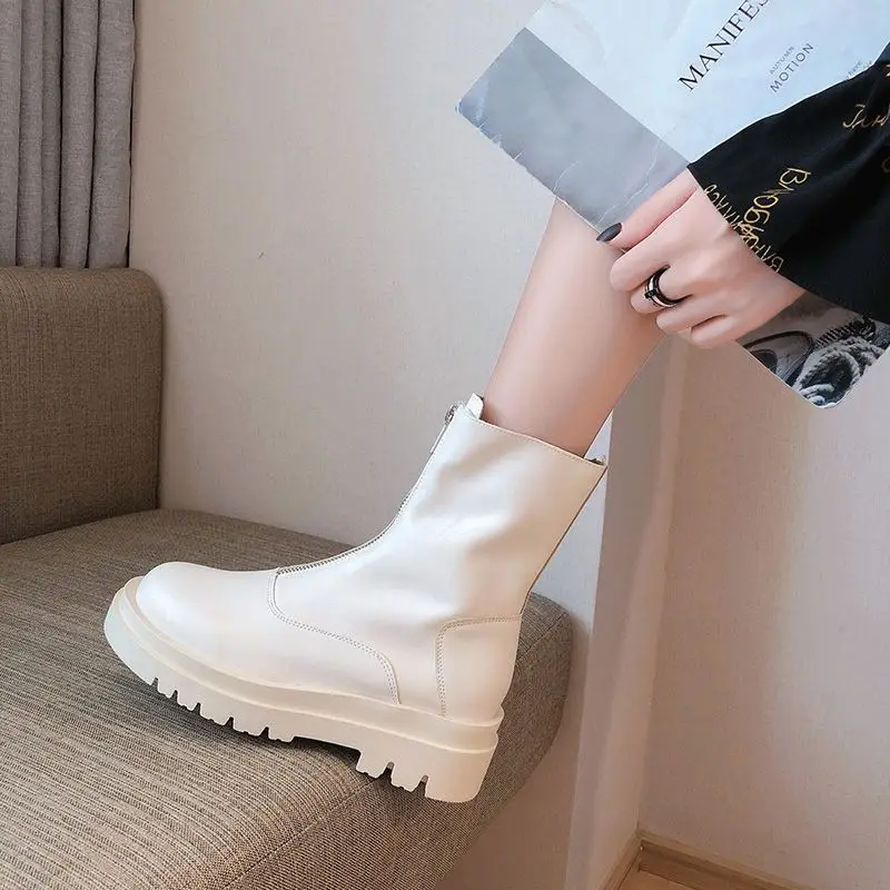 Female Ankle Boots White Booties Round Toe Platform Short Shoes for Women Chunky Footwear Elegant with Medium Heels Winter 2024